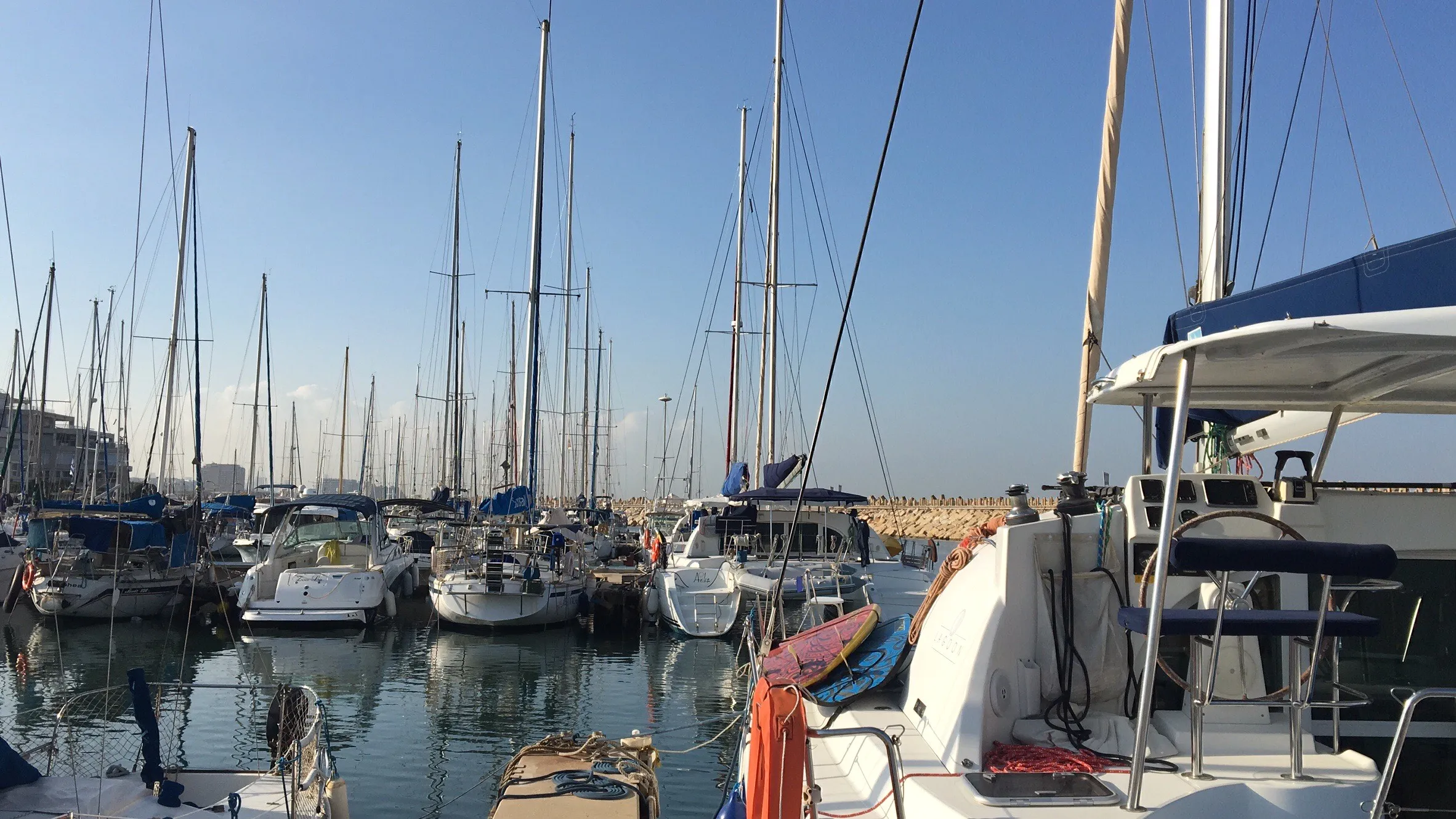 Masts and rigging in a Baltic marina on a clear day