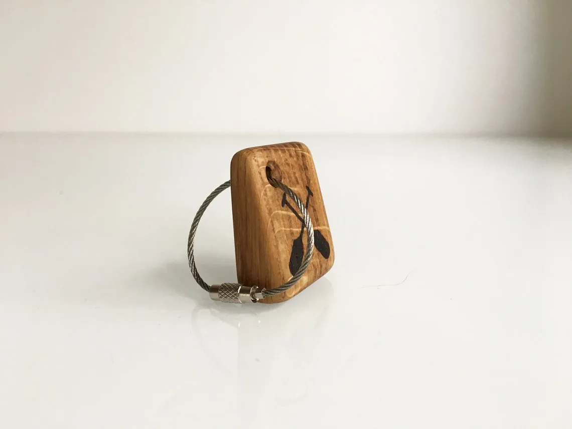 Stainless steel cable loop threaded through the small oak block