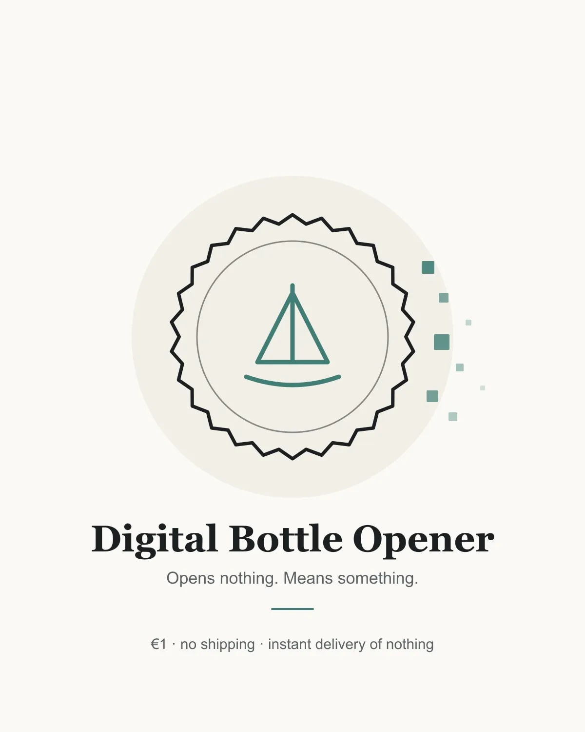 Illustration of a bottle cap dissolving into pixels, engraved with a sailboat