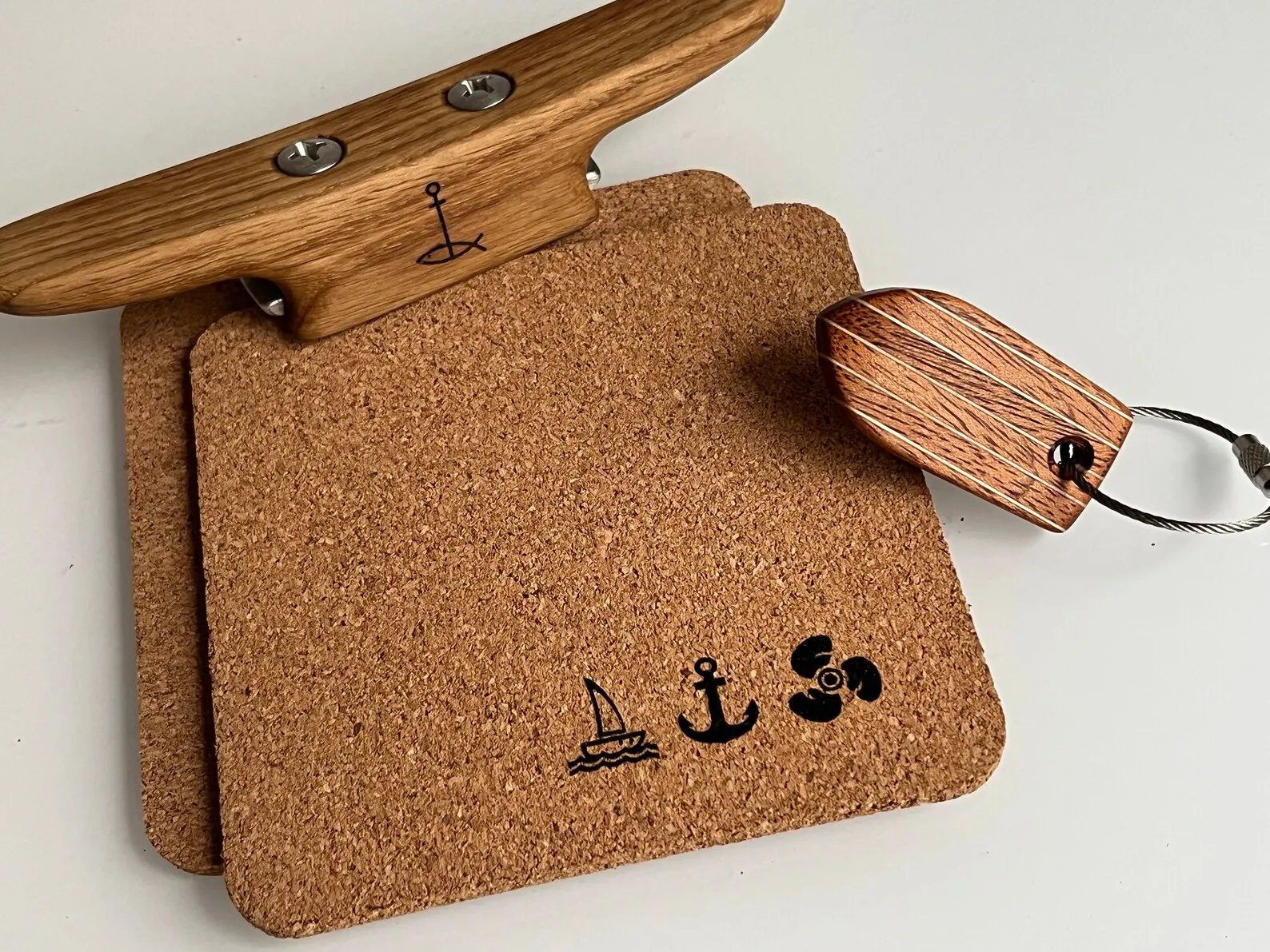 Runabout style mahogany and birch keychain seen from above